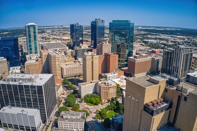 Aerial view of downtown Fort Worth, representing outplacement services in Fort Worth, TX