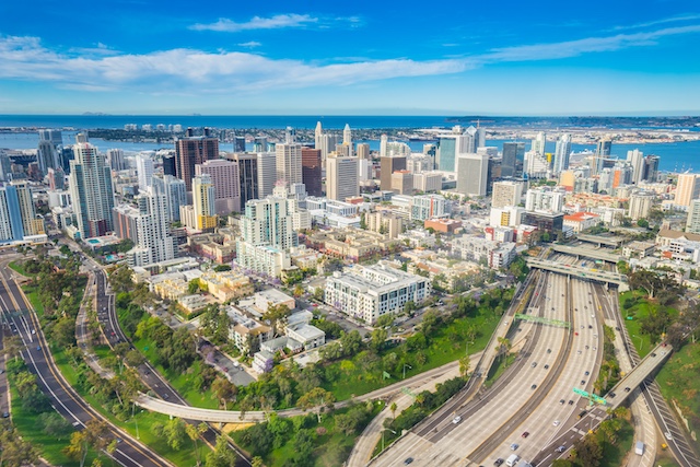 San Diego skyline from above representing outplacement services in San Diego